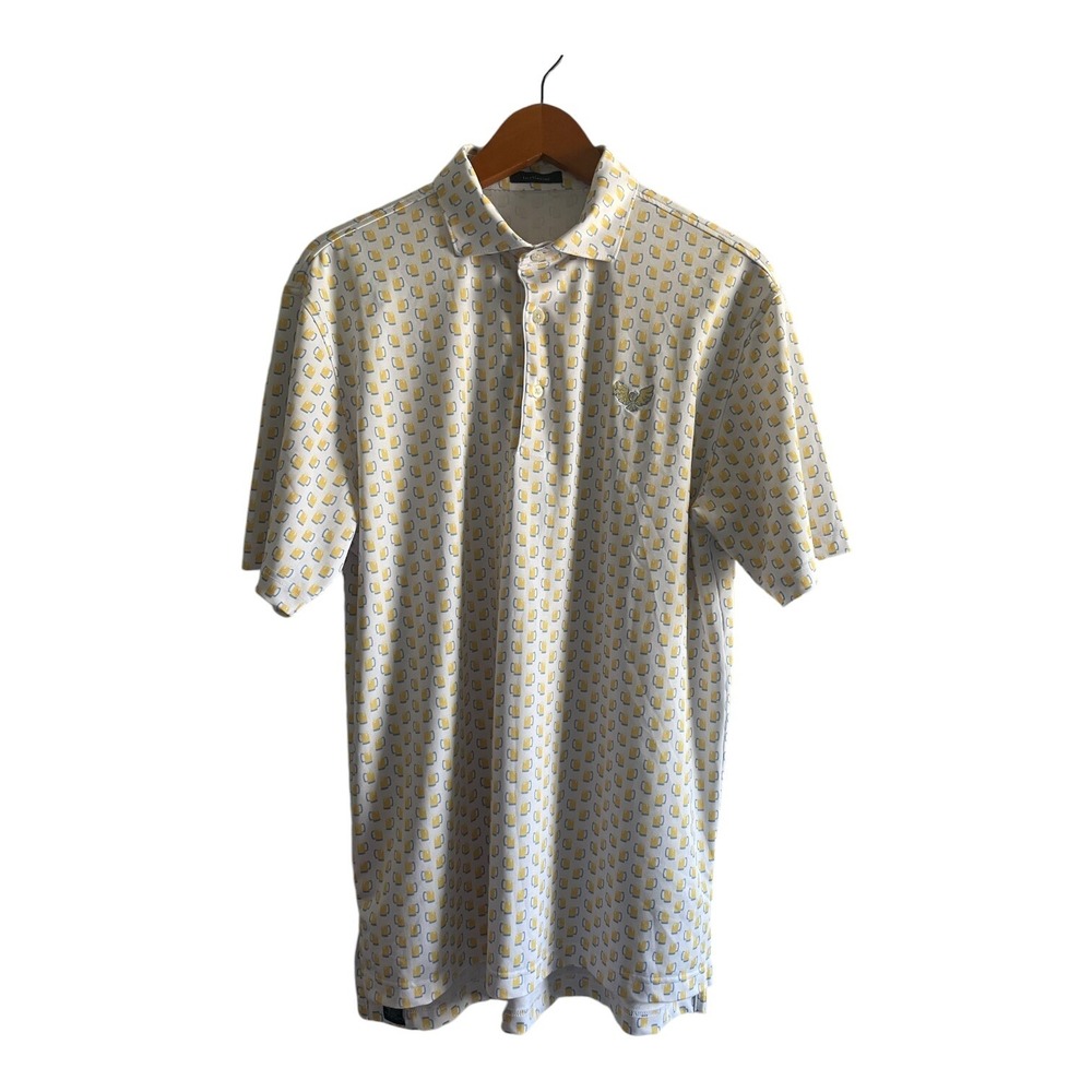 turtleson Polo Shirt Men's Size Medium Yellow Geometric All Over Print Beer Mugs